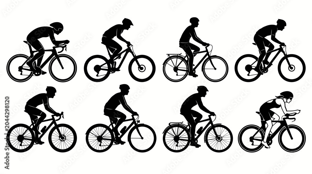 Fototapeta premium Cyclist silhouette vector set featuring eight diverse riding postures with road, mountain, and commuter bike styles, athletic motion, sports illustration inspiration