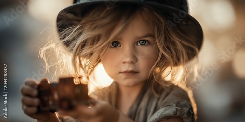 Little boy wearing vintage antique firefighter helmet holding toy fire truck dreaming of becoming fireman, cinematic portrait
