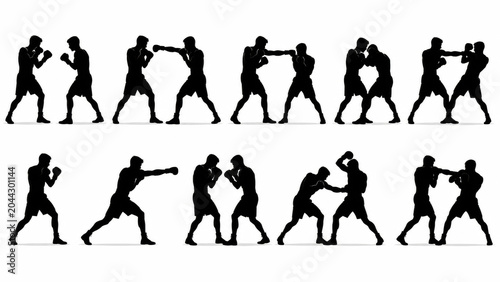 Set of black silhouettes showing two people boxing and fighting in various action poses and stances