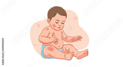 Medical illustration of a young baby sitting down with visible red skin rashes or allergic reactions on its body.