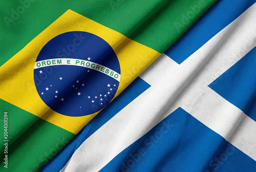 Brazil and Scotland national flags texture. Concept image for the 2026 international football tournament match. Global soccer championship illustration.