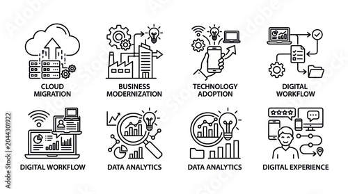 Vector icons for business modernization and digital workflow concepts