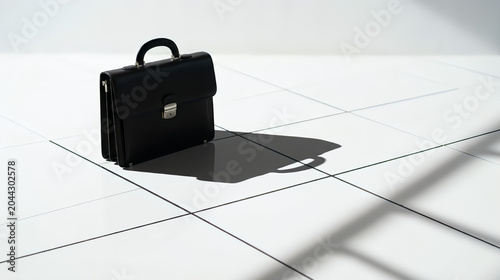Professional black leather briefcase standing on a white tiled floor with dramatic shadows. Minimalist business attache case in a bright modern office interior. Classic executive leather bag for