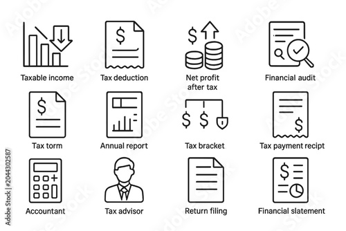 Financial icons: taxable income, deductions, profit, audit, and reports