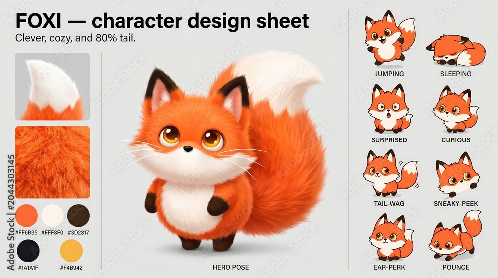 Fototapeta premium Cartoon mascot character design sheet featuring a cute fox with various poses including jumping, sleeping, and curious expressions, showcasing vibrant colors and detailed fur textures