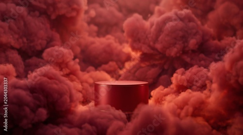 Red podium stage surrounded by dramatic billowing clouds