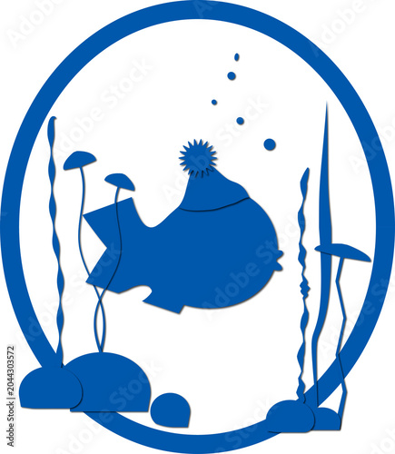 Underwater world with a fish in a hat. Humorous image.