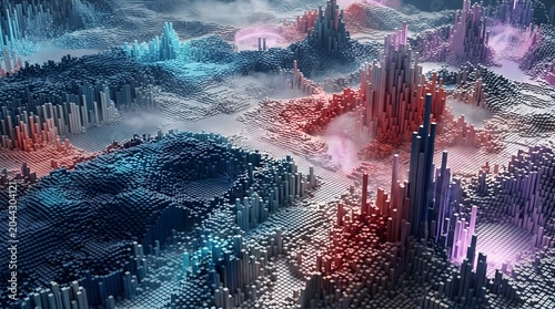 Abstract 3d landscape with blue and red voxel mountains and fog