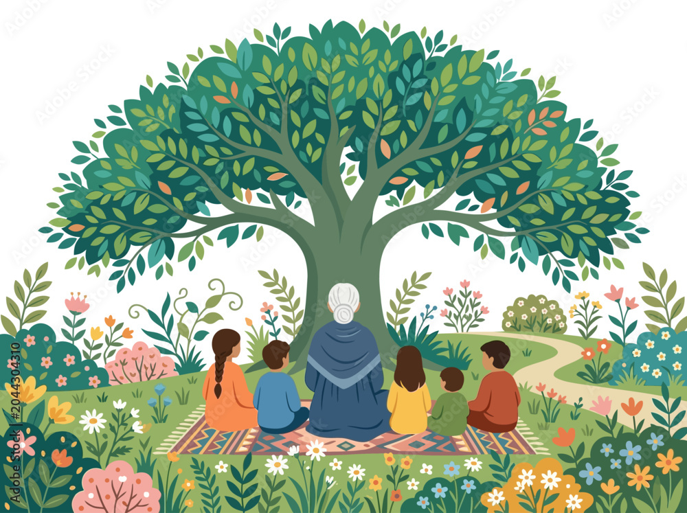 Fototapeta premium Grandmother sitting with her grandchildren under a large beautiful green tree in a colorful garden