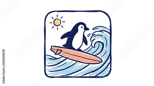 Photography Vintage surfing penguin vector illustration, retro ocean wave badge design, cute