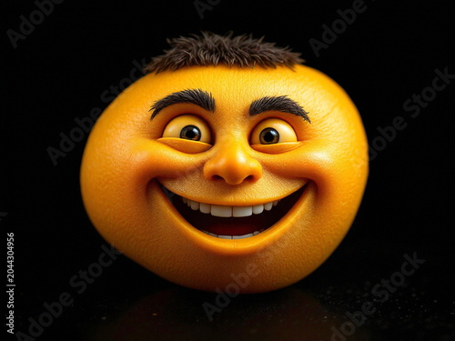 Smiling orange fruit face with expressive eyes and mouth on dark background