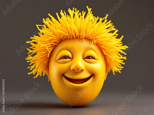 Smiling Orange with Fuzzy Yellow Sprouts on Dark Background Minimalist Still Life