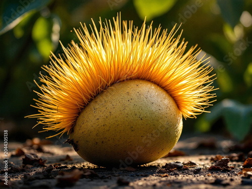 Close-up of golden spiky chestnut husk on forest ground in natural sunlight
