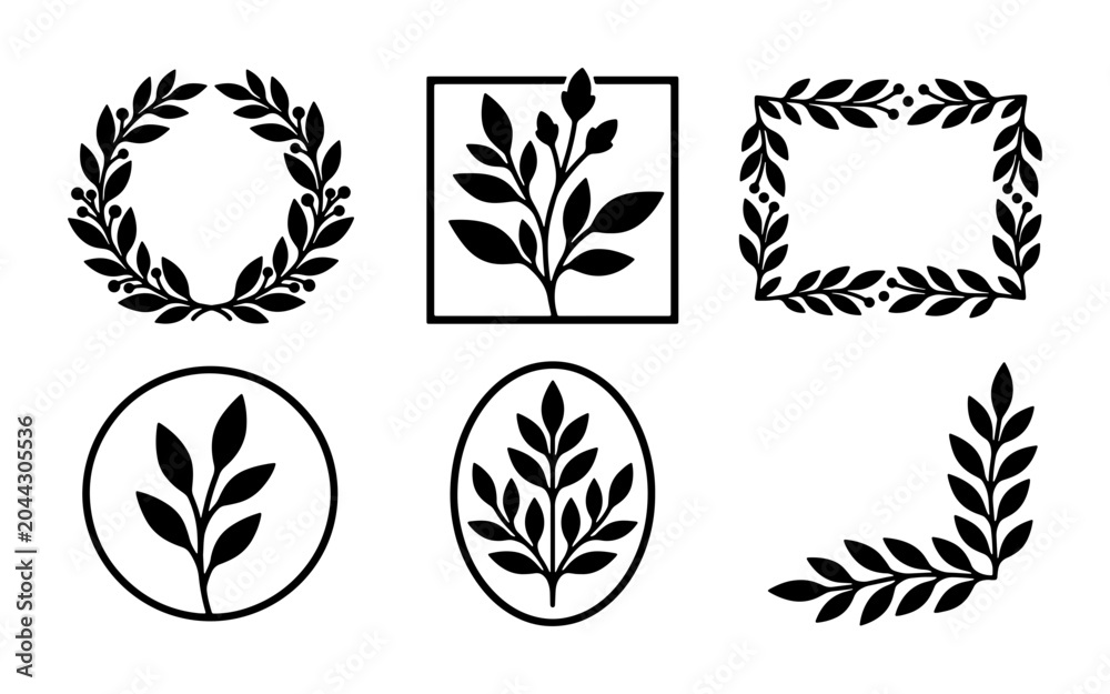 Fototapeta premium Elegant Botanical Emblems, Laurel Wreaths, and Leafy Frames, Vector Set for Organic Branding and Decorative Design Elements