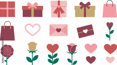 Photos Romantic valentine day element set with gift boxes, love letters, roses, and hearts for holiday celebration, greeting card design, and festive vector illustration