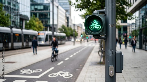 Green bicycle traffic light in a modern city with tram and cyclists