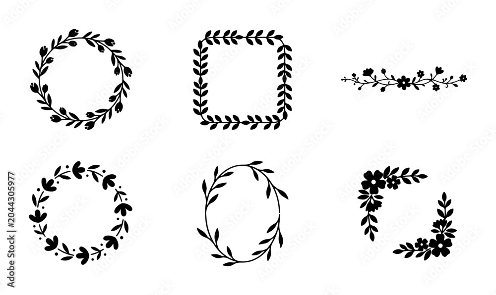 Fototapeta premium Botanical Wreaths and Borders Set, Delicate Floral Elements, Hand-Drawn Vector Flourishes for Invitations and Design