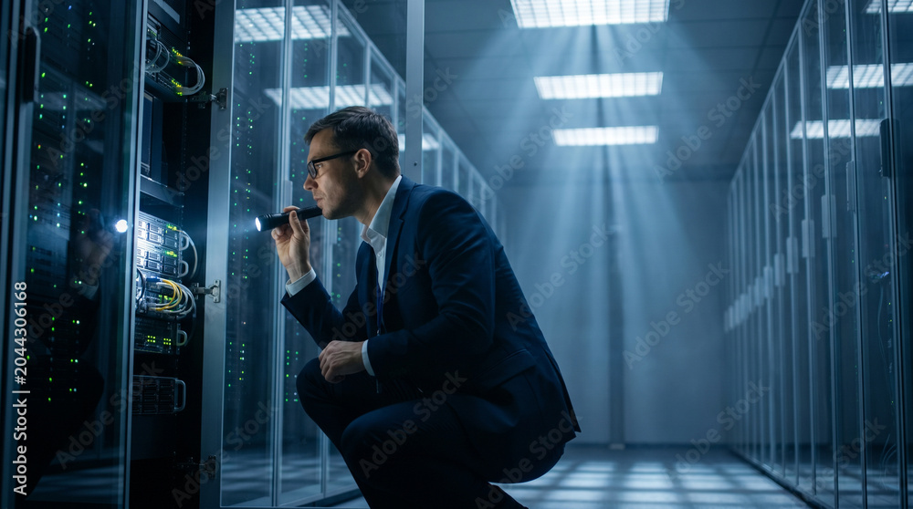 Fototapeta premium IT professional inspecting server rack in data center, network infrastructure, cloud computing, cybersecurity operations, enterprise technology, system administration, digital transformation, server m