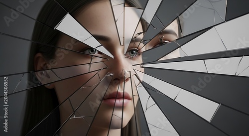 Woman face reflection seen through broken mirror glass fragments