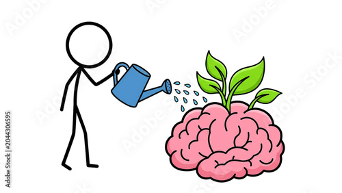 Nurturing Knowledge – Stick Figure Brain Watering Doodle for World Mental Health Day Mind Growth – Person Watering Brain Plant  