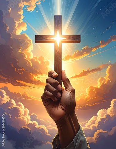 A hand holds a glowing cross at sunset