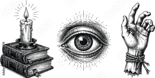 Fotografie Vintage style engraving of a lit candle human eye and hand with rope detailed bl