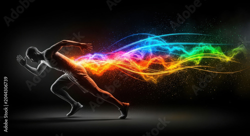 Male athlete sprinting with colorful motion trails on black background  