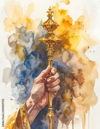 A hand holding a golden scepter with a colorful abstract background