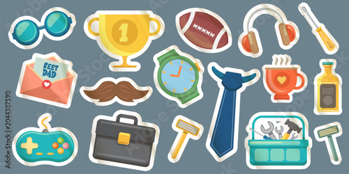 Father's Day gifts flat sticker icons set vector. Colorful Father's Day gentleman gifts accessories, tools, sports and gifts collection with white outlines isolated on grey background.