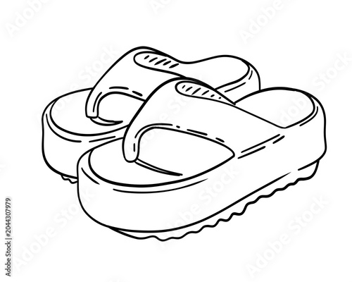 Hand-drawn platform flip flops vector illustration in sketch style. Fashion summer footwear outline, detailed beach sandals design, monochrome contour drawing isolated on white background.