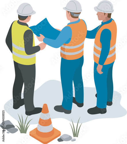 Quadro em tela Supervisor commanding foreman working on construction site, work team collaboration concept, isometric illustration isolated on white background for engineering and project management