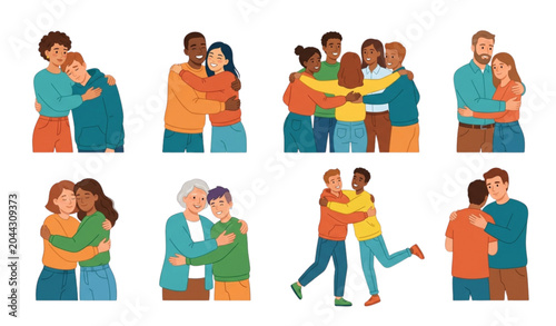 Canvastavla Happy cartoon people hugging illustration set with friendship support and social