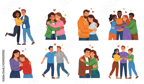 Foto Friendly cartoon people hugging vector set with supportive male and female frien