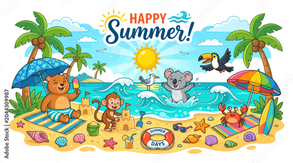 Obraz premium Happy Summer Beach Scene with Animals Enjoying Vacation
