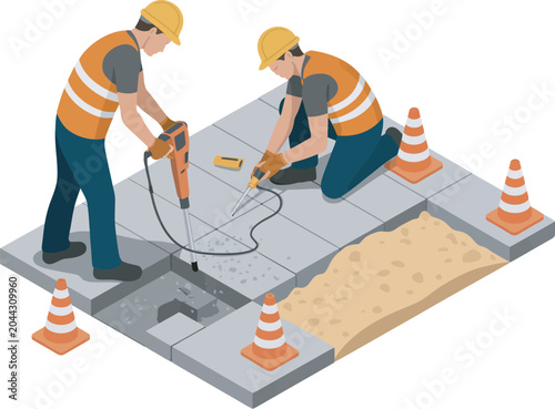 Fotografi Two construction workers fixing broken sidewalk tiles with tools and safety gear