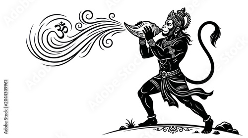 Photos Hanuman blowing conch shell with Om symbol, divine energy, Hindu god, black and