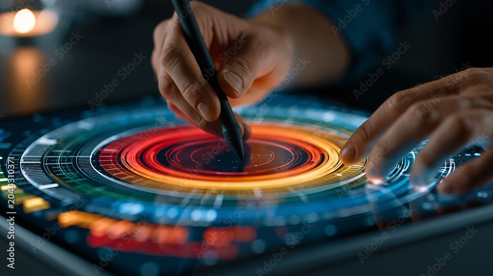 Fototapeta premium Close up of a designer using a stylus on a glowing digital tablet interface screen