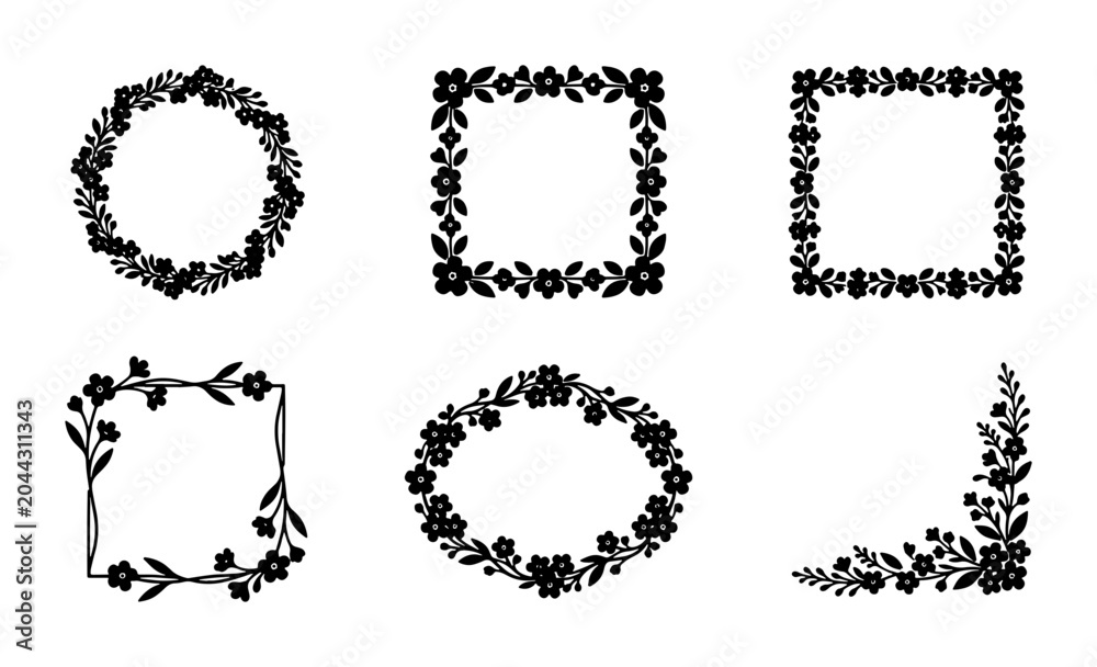 Fototapeta premium Floral Frames Collection, Decorative Black Vector Borders, Elegant Botanical Wreaths and Corner Elements for Invitations and Design