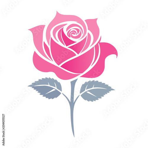 Pink rose with gray leaves, flat design vector