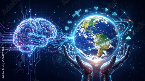 Conceptual illustration of global connectivity and artificial intelligence, symbolizing interconnectedness and the future of technology