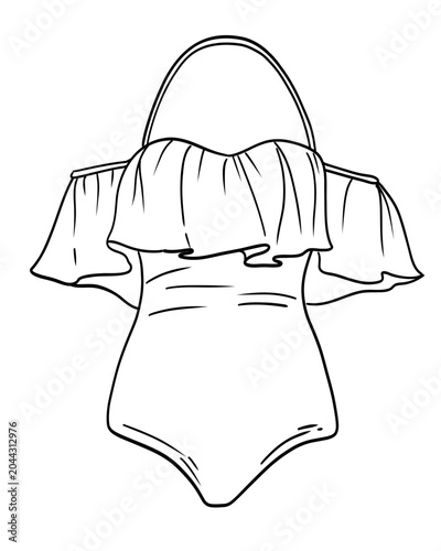 Hand-drawn sketch style swimsuit vector illustration. Fashion beachwear outline, elegant swimwear design, monochrome contour drawing, isolated on white background, summer apparel concept art.