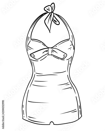 Hand-drawn sketch style swimsuit vector illustration. Fashion beachwear outline, elegant swimwear design, monochrome contour drawing, isolated on white background, summer apparel concept art.