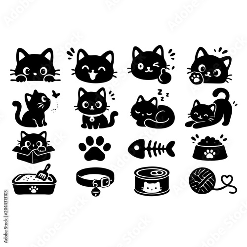 Cute Cat Icon Set with Diverse Expressions and Pet Care Items