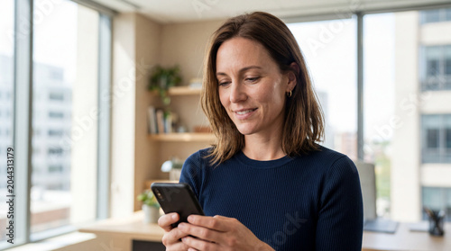 Woman smiling while using smartphone in modern office with large windows and natural light