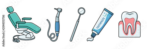Dental clinic equipment and oral care tools collection featuring examination chair handpiece dental mirror toothpaste tube and healthy tooth illustration for dentistry treatment