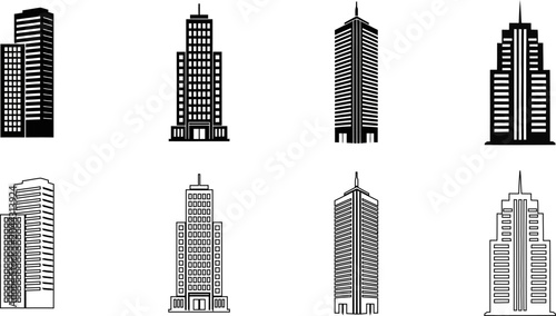 Bild auf Leinwand Set of modern city skyscraper building silhouettes and line icons