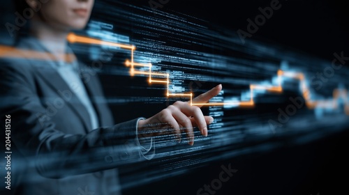 Business professional interacting with a glowing digital data chart using a modern touch screen interface