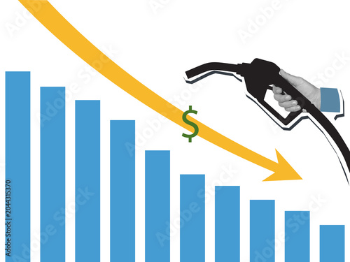 Falling fuel prices concept: a hand holding a fuel nozzle and a decreasing chart with a dollar sign and an arrow indicating an downward trend. Modern collage style