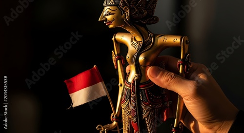 Hand holding a traditional Indonesian wayang puppet with national flag