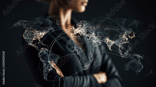 Professional woman standing confidently with a glowing digital world map showing interconnected global business networks